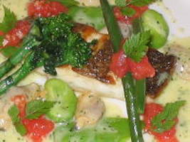 鯛のあさりのソース、青い野菜を添えてのレシピ